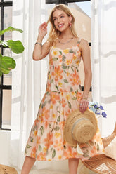 ADORA Smocked Back Floral Adjustable Strap Midi Dress OutfitFlow